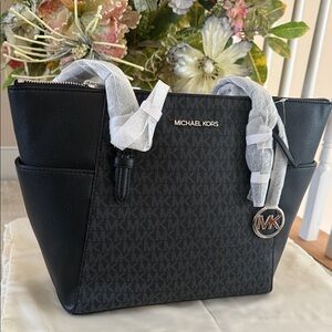 Michael Kors Charlotte Black Signature Tote Silver Hardware 12x10